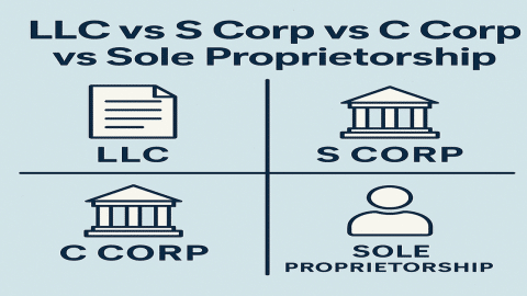 Visual comparison of LLC, S Corp, C Corp, and Sole Proprietorship showing differences in liability, tax treatment, and structure
